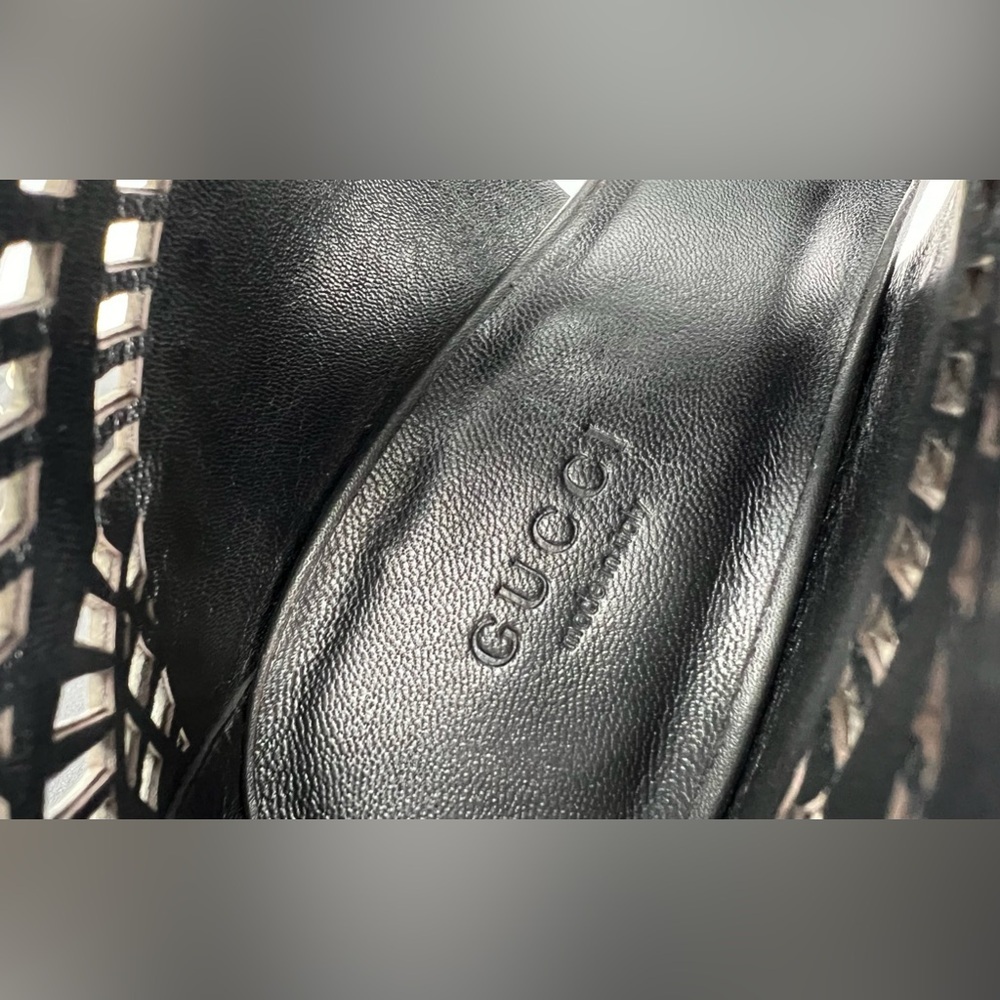 GUCCI LIKA LASER CUT LEATHER STONE STUD EMBELLISHED LOGO ANKLE BOOT SIZE EU 38 - Picture 7 of 11